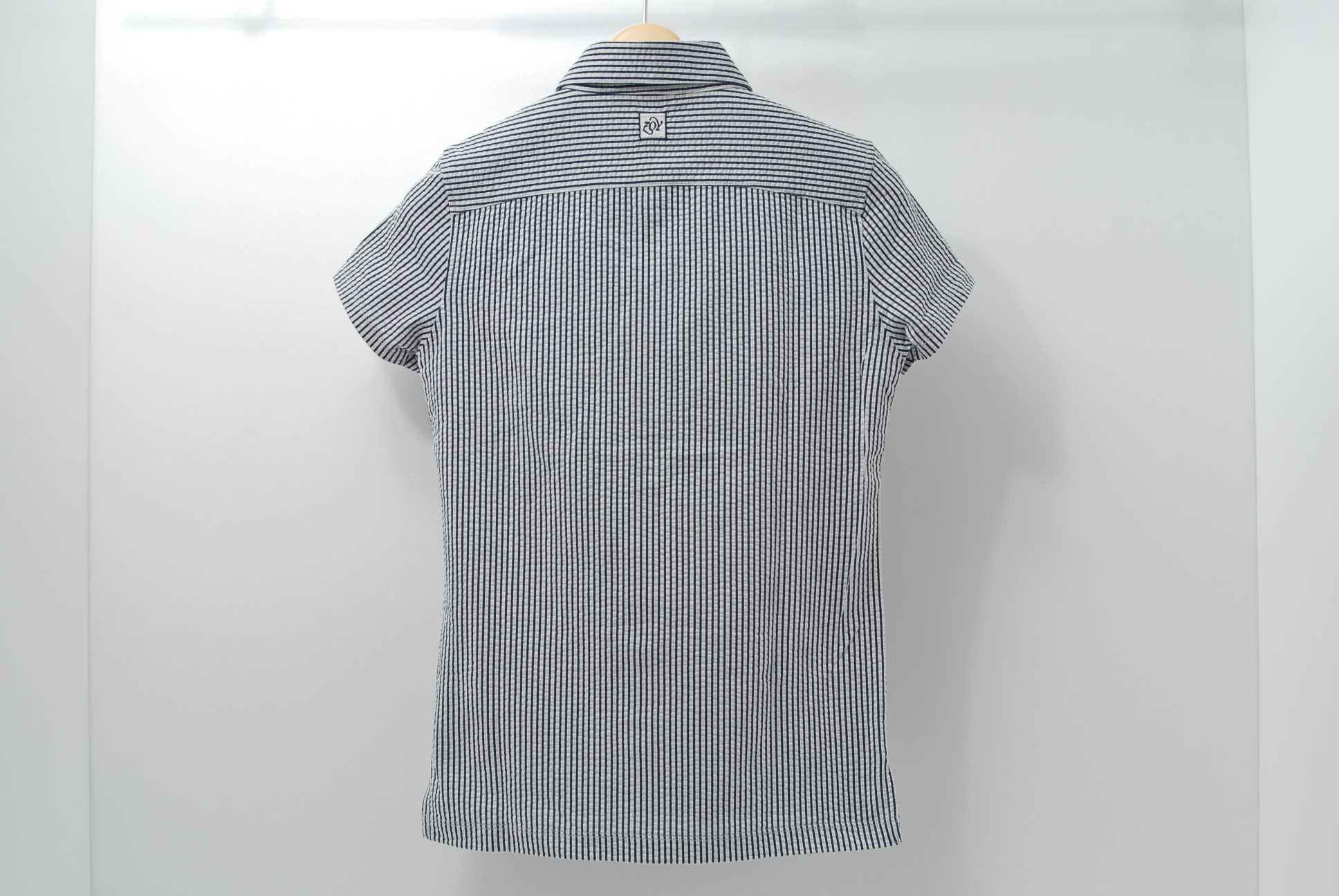 ゾーイ 半袖シャツ ストレッチ 紺 ネイビー グレー ストライプ 36 S 小さいサイズ Used ココゴルフ