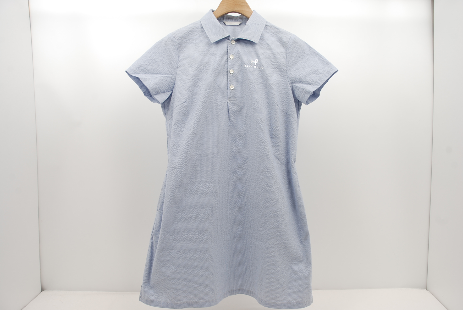 ヒールクリーク 半袖ワンピース 水色 白 細ストライプ シアサッカー 42 L Used ココゴルフ