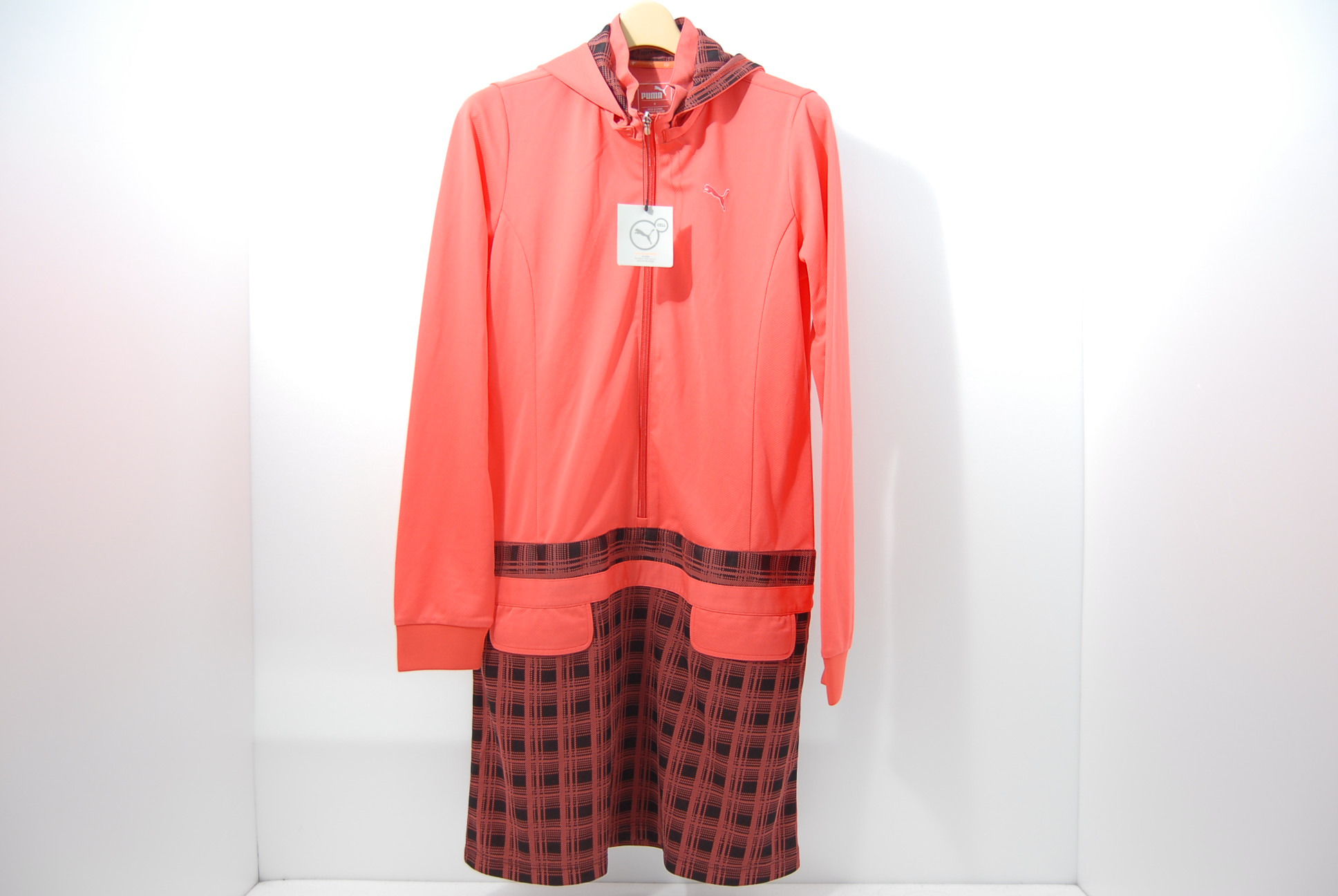 新品 プーマ Puma 長袖ワンピース フード インナーパンツ付き ピンク チェック柄 O ココゴルフ